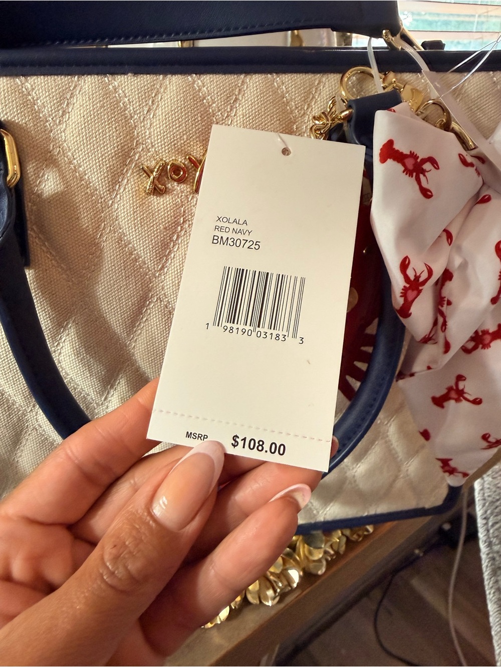 Betsy Johnson Quilted Cream & Navy Tote with Red Lobster Charm - Picture 8 of 9